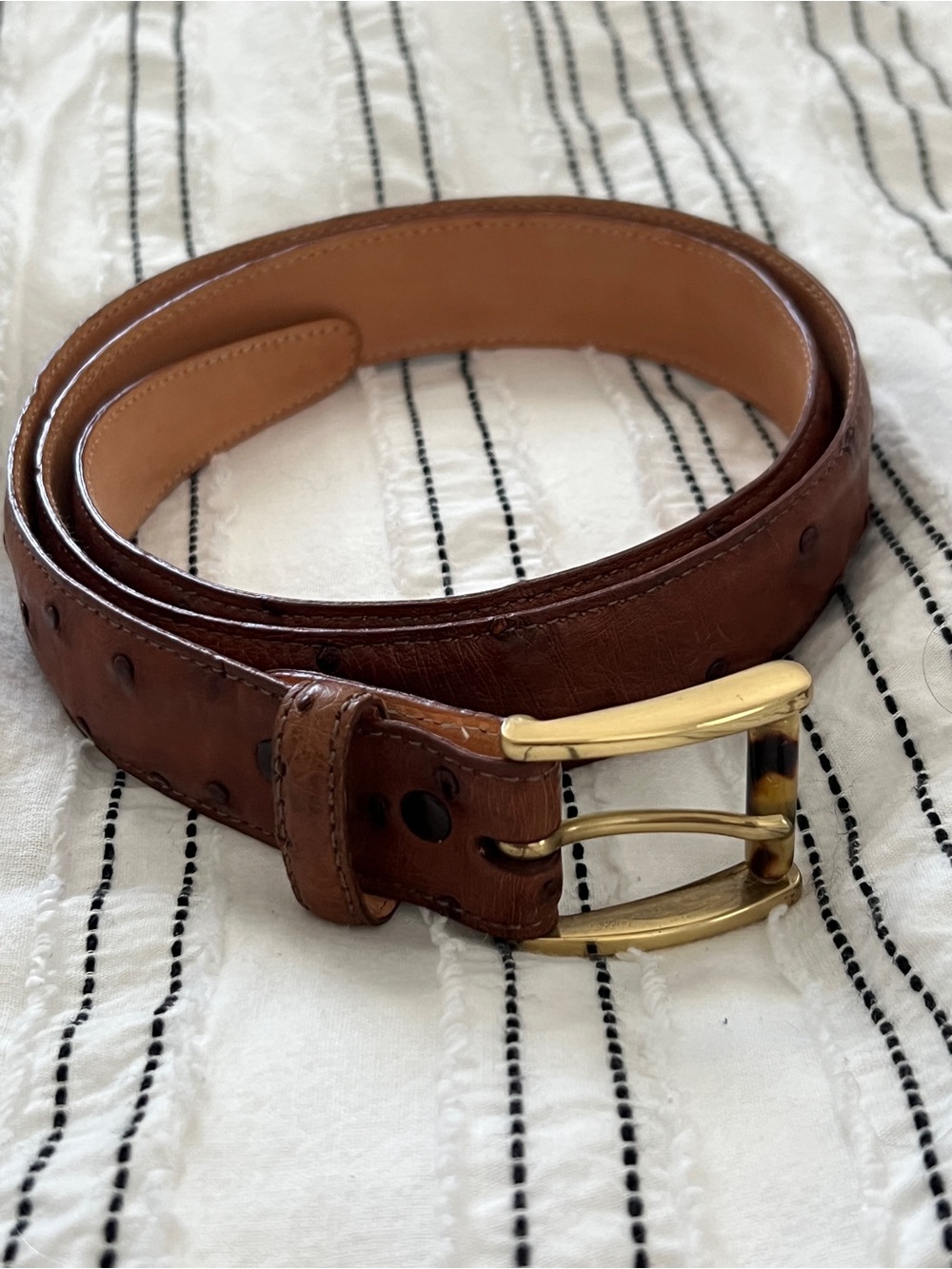 Martin Dingman Brown Ostrich Leather Belt with Brass Buckle